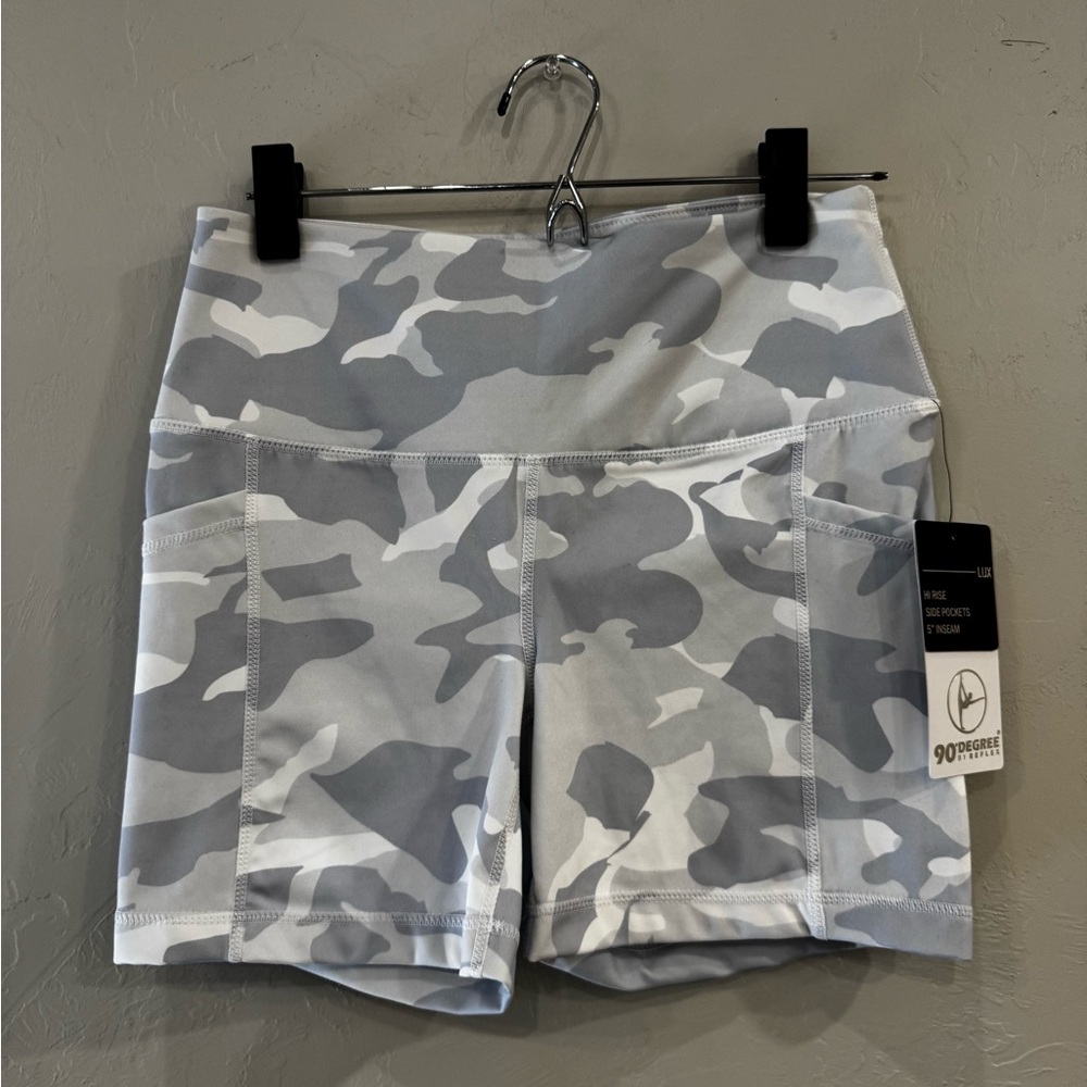 90 Degree By Reflex Women's Camo Bike Shorts in Gray and White
